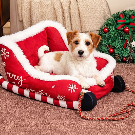 クリスマステーマそり型ベッド 取り外し可能で洗えるぬいぐるみペット用暖かいソファ 滑り止め付きベース付き